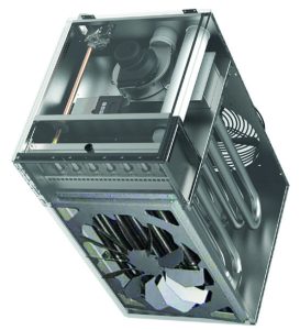 Vue intérieure d'un aérotherme vertical SEET AV : échangeur et ventilateur