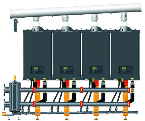 Cascade de quatre chaudières gaz à condensation Atlantic Varfree sur collecteurs communs